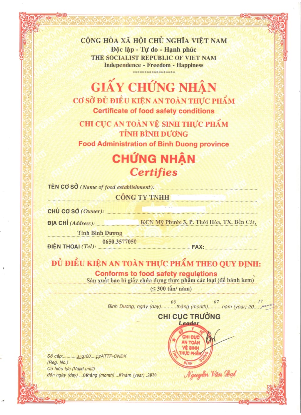 Giấy chứng nhận an toàn thực phẩm
